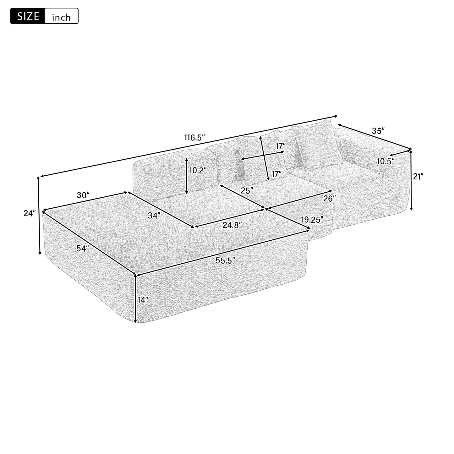 116.5" Sectional Sofa Full-compressed Sofa Couch Free-combined Sofa for Living Room, Beige