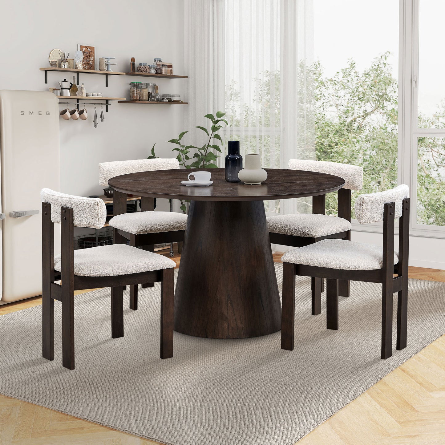 (1 Table with 4 Chairs)Wooden Dining Table Set, Modern Round MDF Kitchen Table and Boucle Upholstered Dining Chairs for Dining Room, Kitchen, Saving Space, Dark Brown