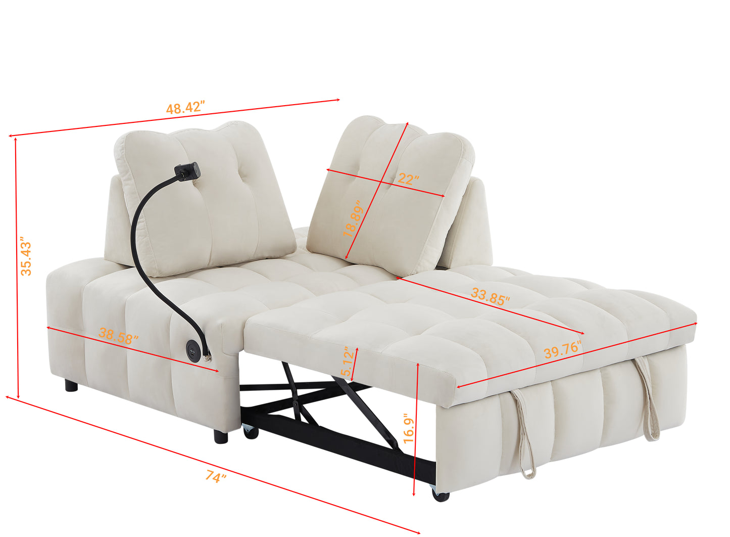 Modern sofa velvet pull-out bed,Independently removable backrest, have USB port and swivel phone stand ,beige