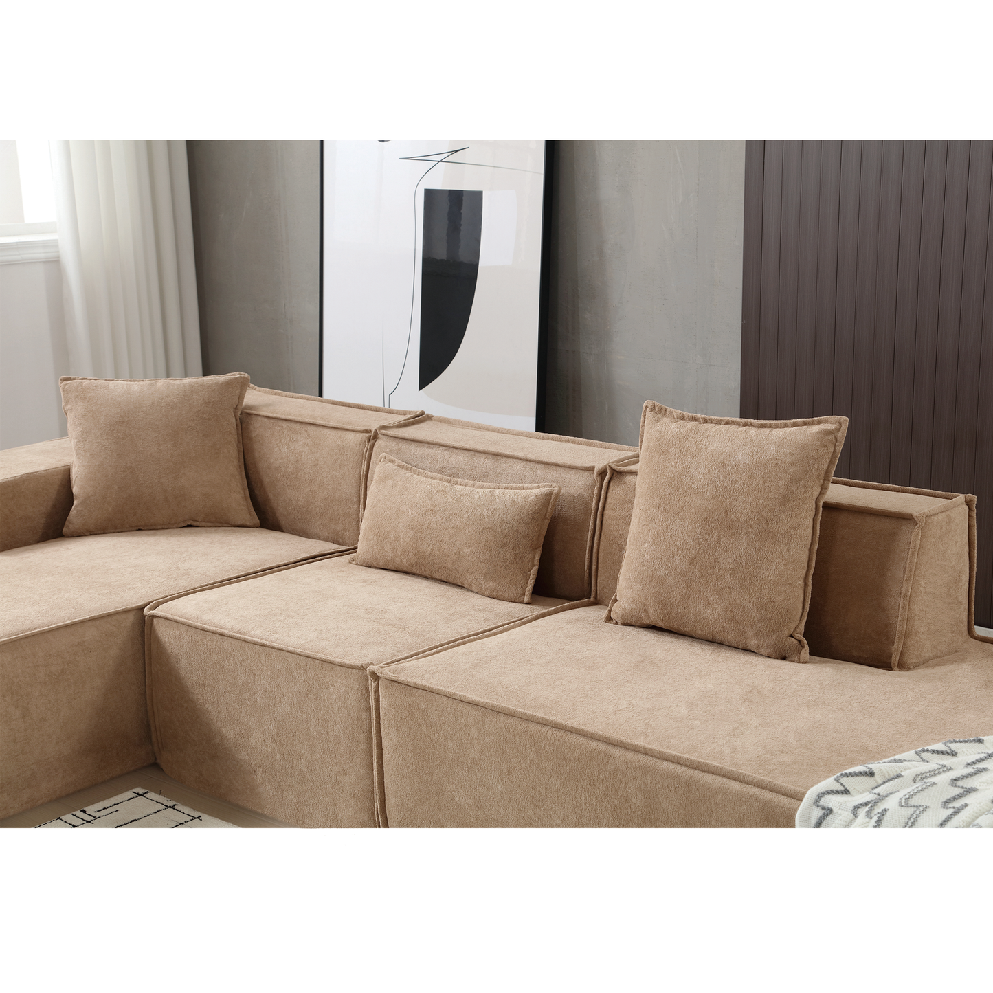 Modular combination living room sofa set, modern minimalist sofa, free installation sofa, L-shaped, Italian minimalist tofu block sofa, Left-Hand Facing, Light Brown