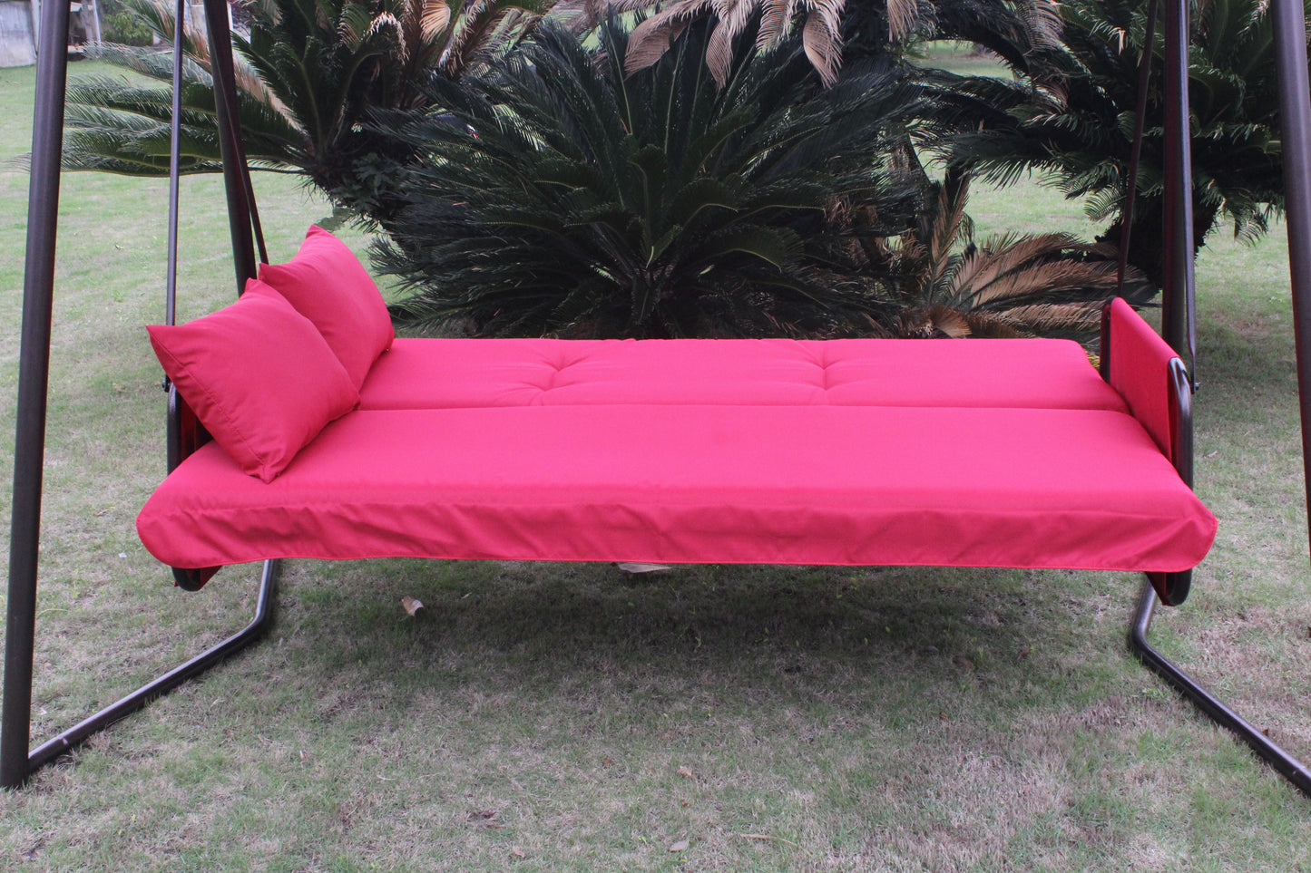 Outdoor Patio 3 seaters Metal Swing Chair Swing bed with Cushion and Adjustable Canopy Red Color