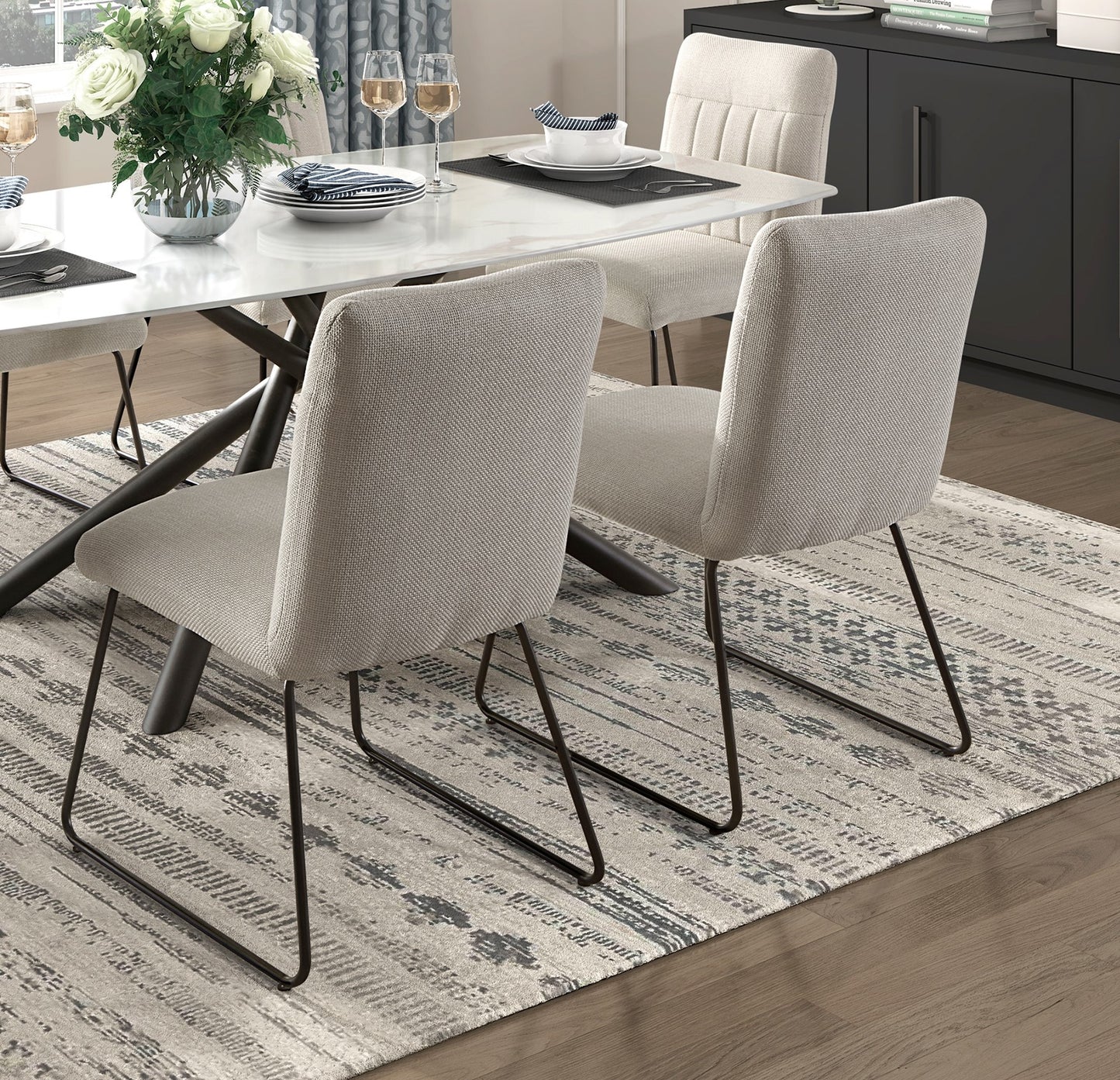 Modern Design Beige Fabric Upholstered Side Chairs 2pc Set, Tabular Black Finish Metal Legs Casual Dining Furniture