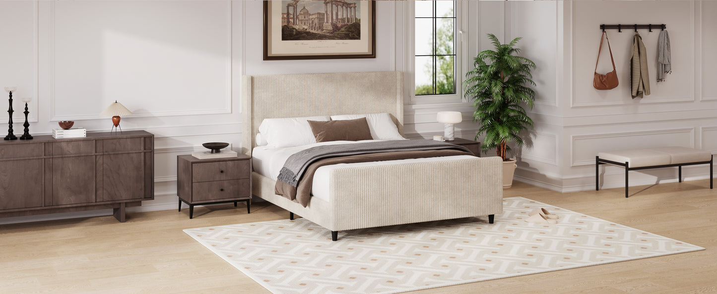 （9.17-9.24补货）50.7'' High Headboard Corduroy Upholstered Bed Frame with Vertical Stripe Wingback and High Footboard No Box Spring Needed, King Size, Cream