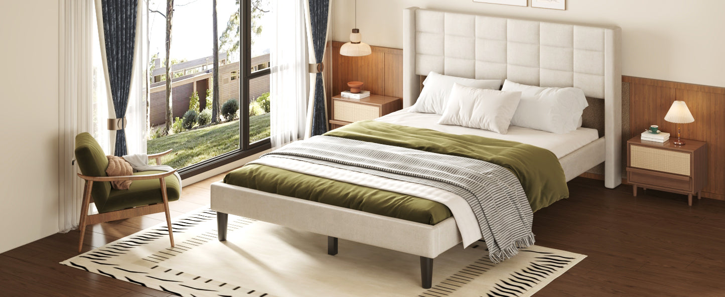 Queen Size Upholstered Platform Bed with Support Legs, Beige