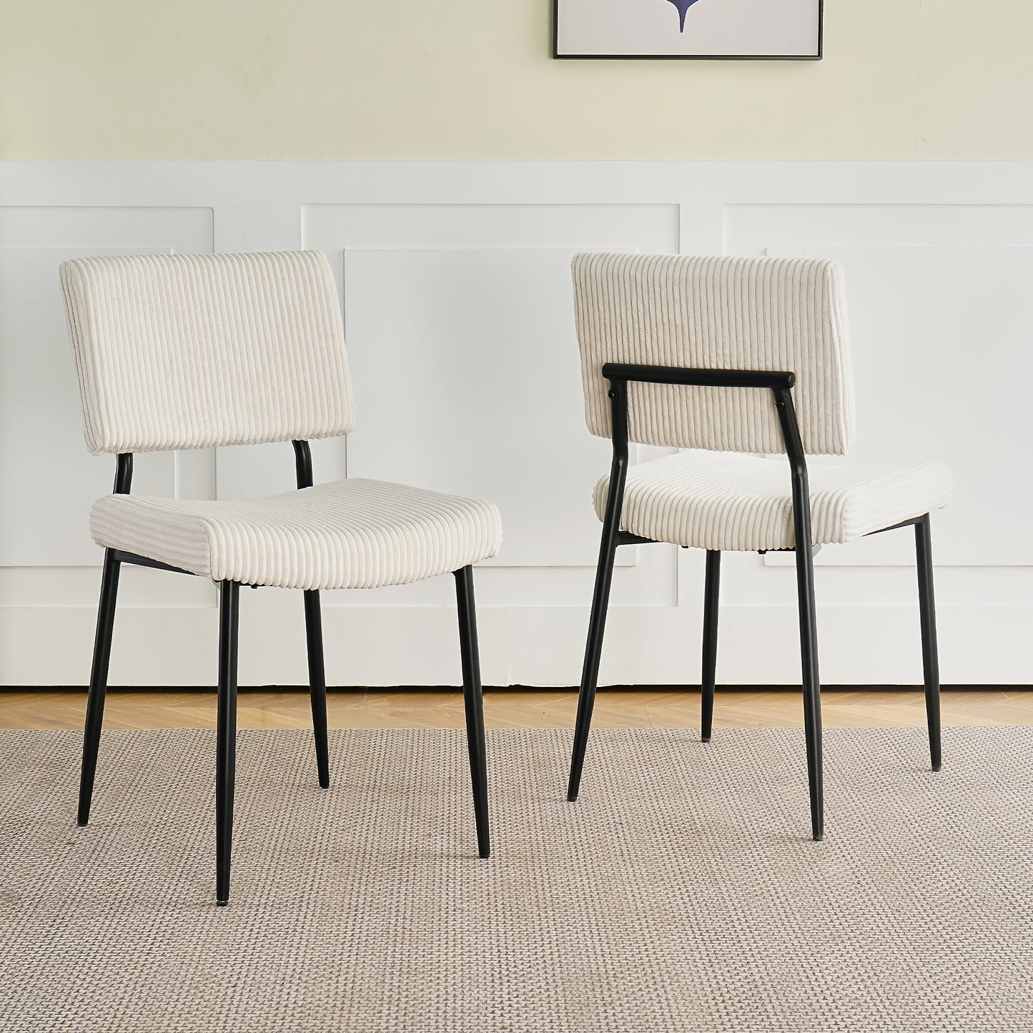 （缺货）Modern beige simple velvet dining chair fabric upholstered chair Home bedroom stool back dressing, white round table set, chair black metal legs (set of 3)