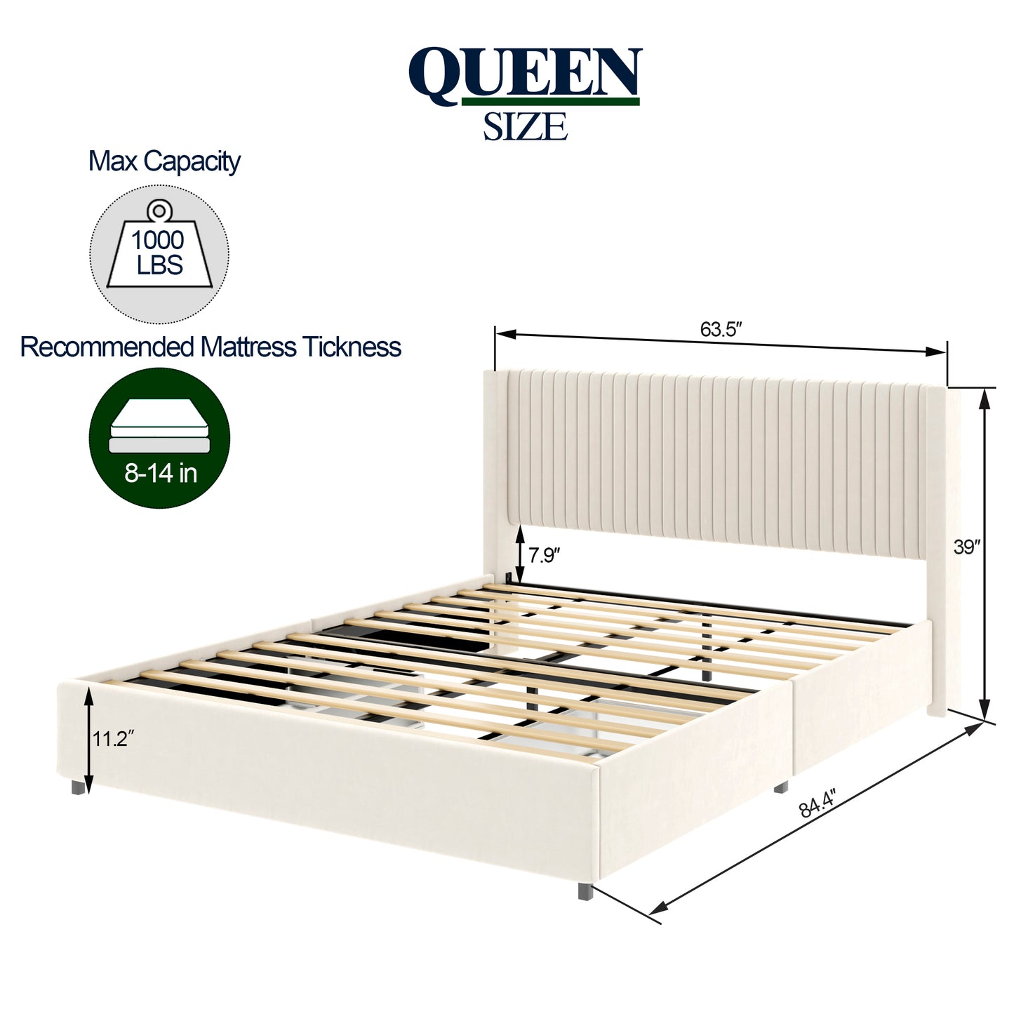 Anna Patented 2-Drawer Storage Bed Queen Size Ivory Velvet Upholstered Wingback Platform Bed, Modern Design Headboard with Tight Channel, Wooden Slat Mattress Support No Box Spring Needed