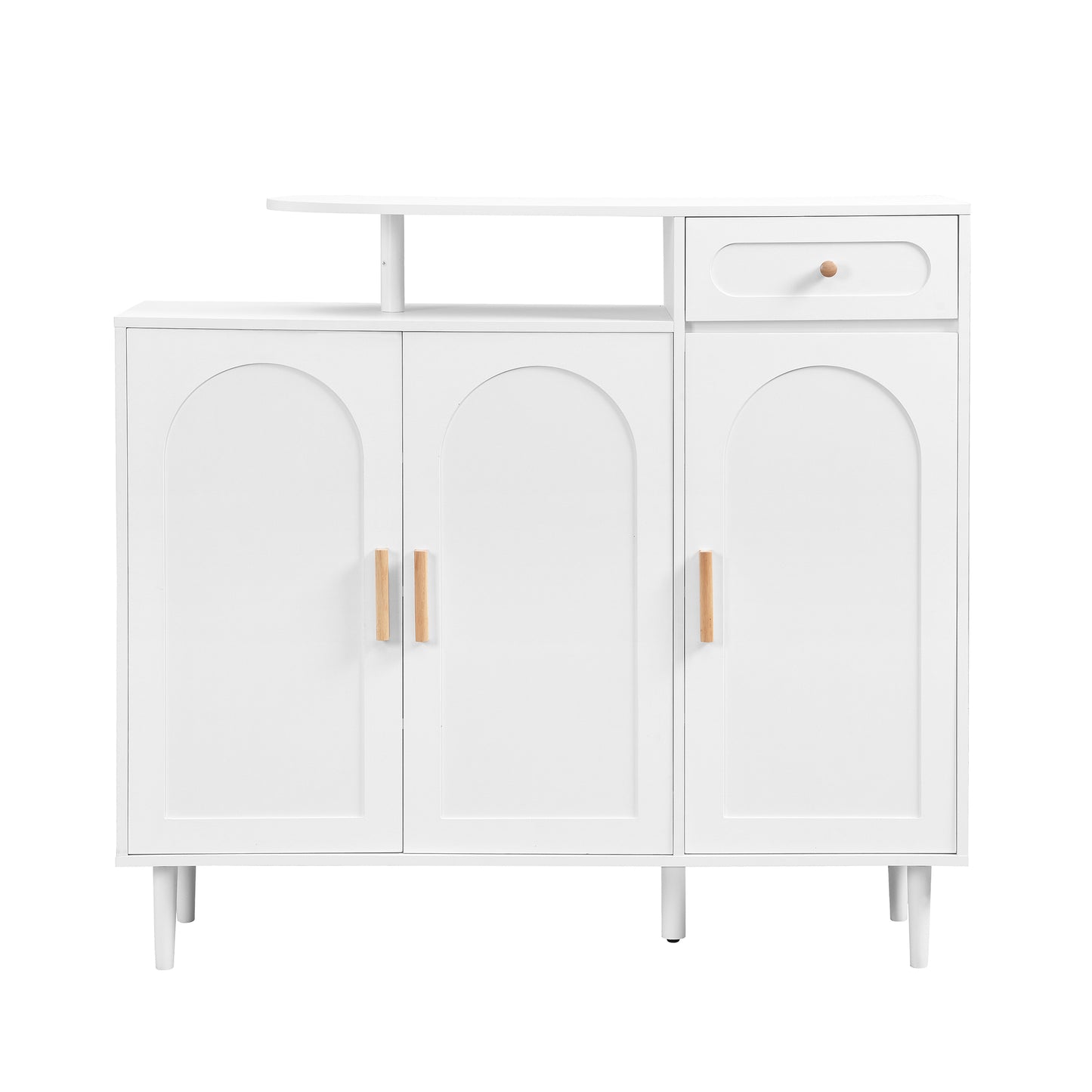 ON-TREND Elegant Shoe Cabinet with Arched Doors and Drawer, Cream Style Storage Sideboard with Adjustable Shelves and Solid Wood Legs for Entryway, Living Room, White