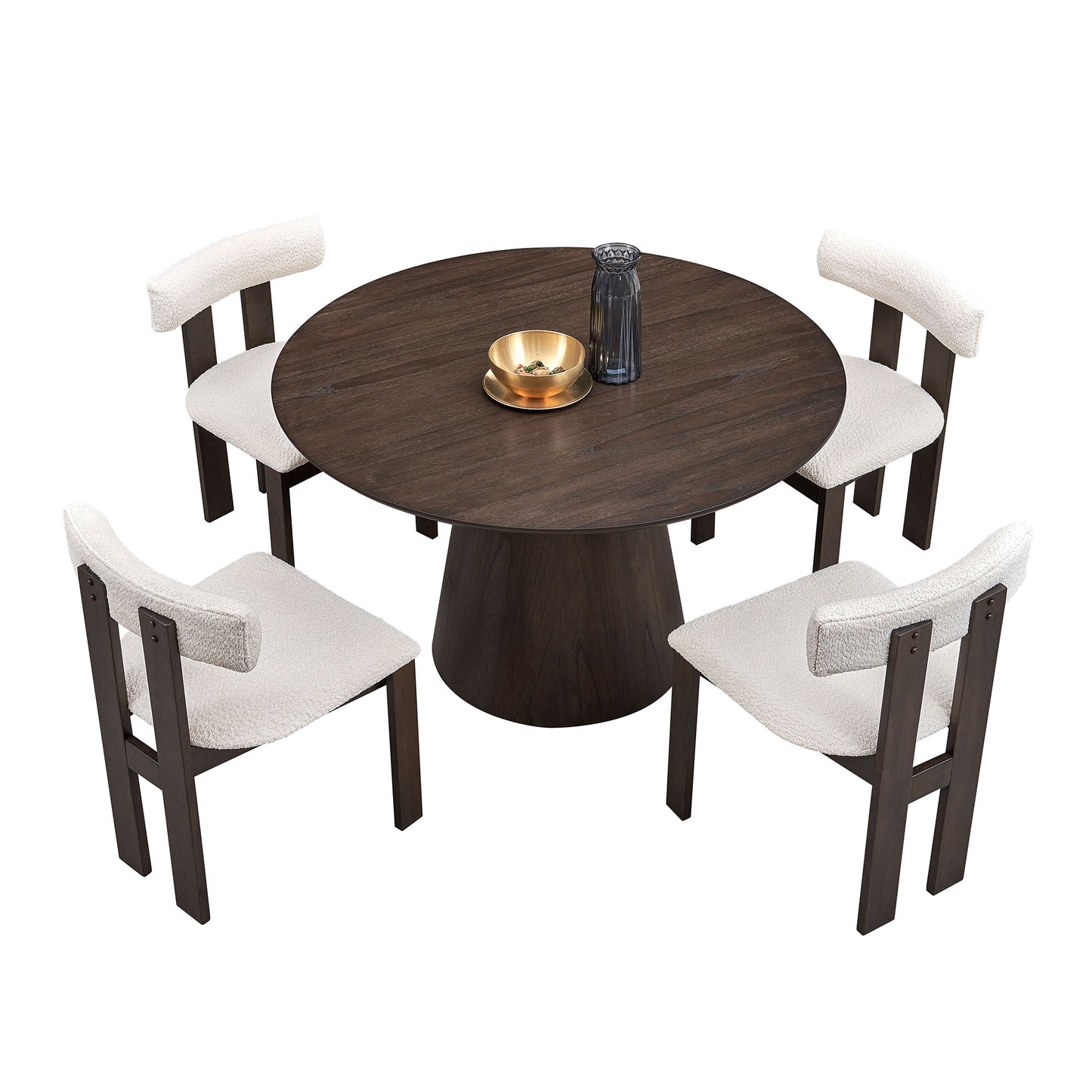 (1 Table with 4 Chairs)Wooden Dining Table Set, Modern Round MDF Kitchen Table and Boucle Upholstered Dining Chairs for Dining Room, Kitchen, Saving Space, Dark Brown