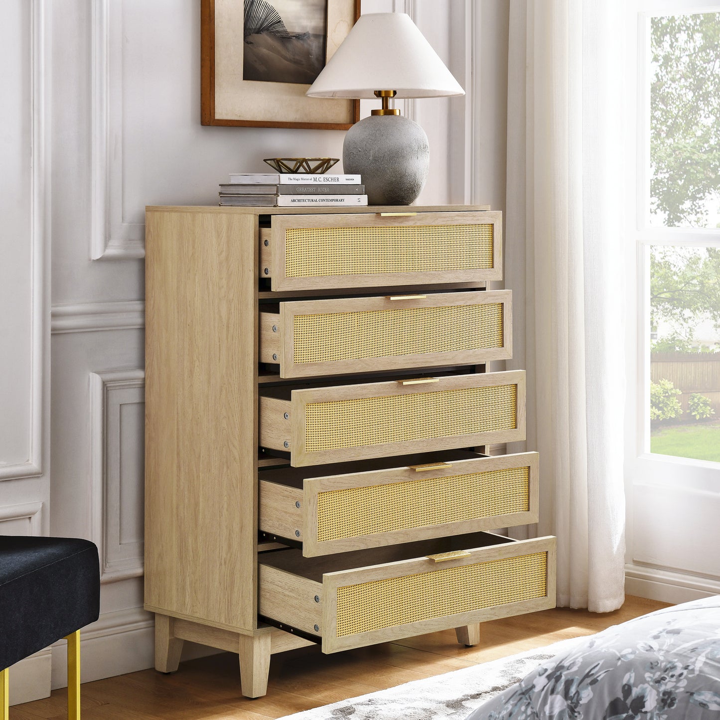 Bedroom 5 drawer dresser, rattan dresser modern wooden chest of drawers with spacious storage space for bedroom hallway living room