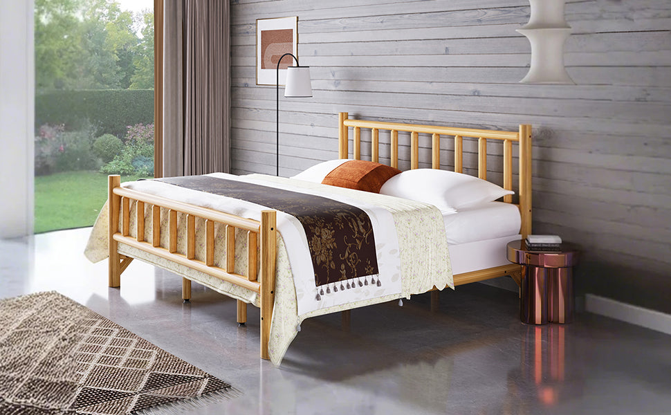 Farmhouse Log Bed Frame King Rustic Style Pure Solid Pine Cylinder Construction Bed Fits Mattresses and Box Springs, Natural Finish