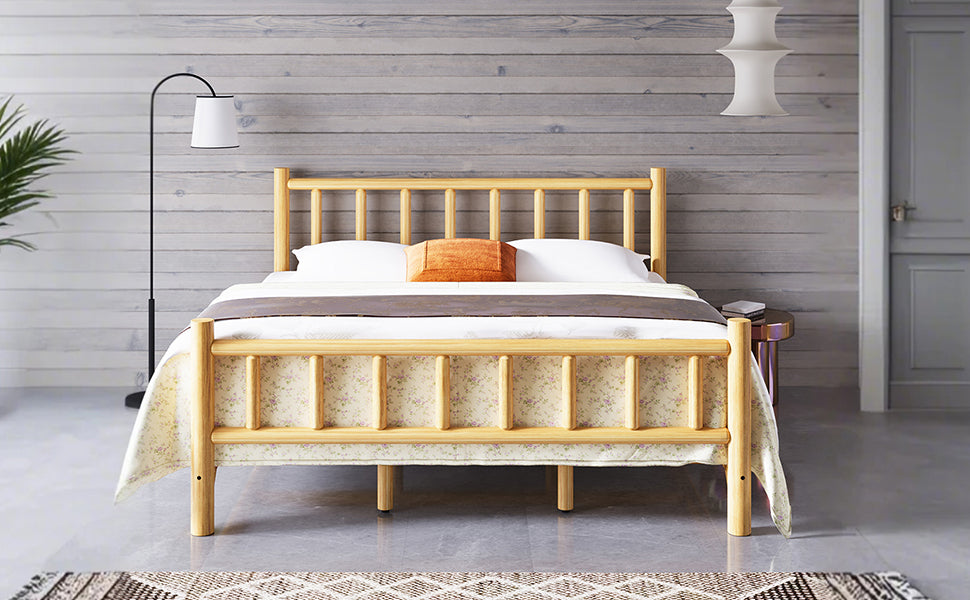 Farmhouse Log Bed Frame King Rustic Style Pure Solid Pine Cylinder Construction Bed Fits Mattresses and Box Springs, Natural Finish