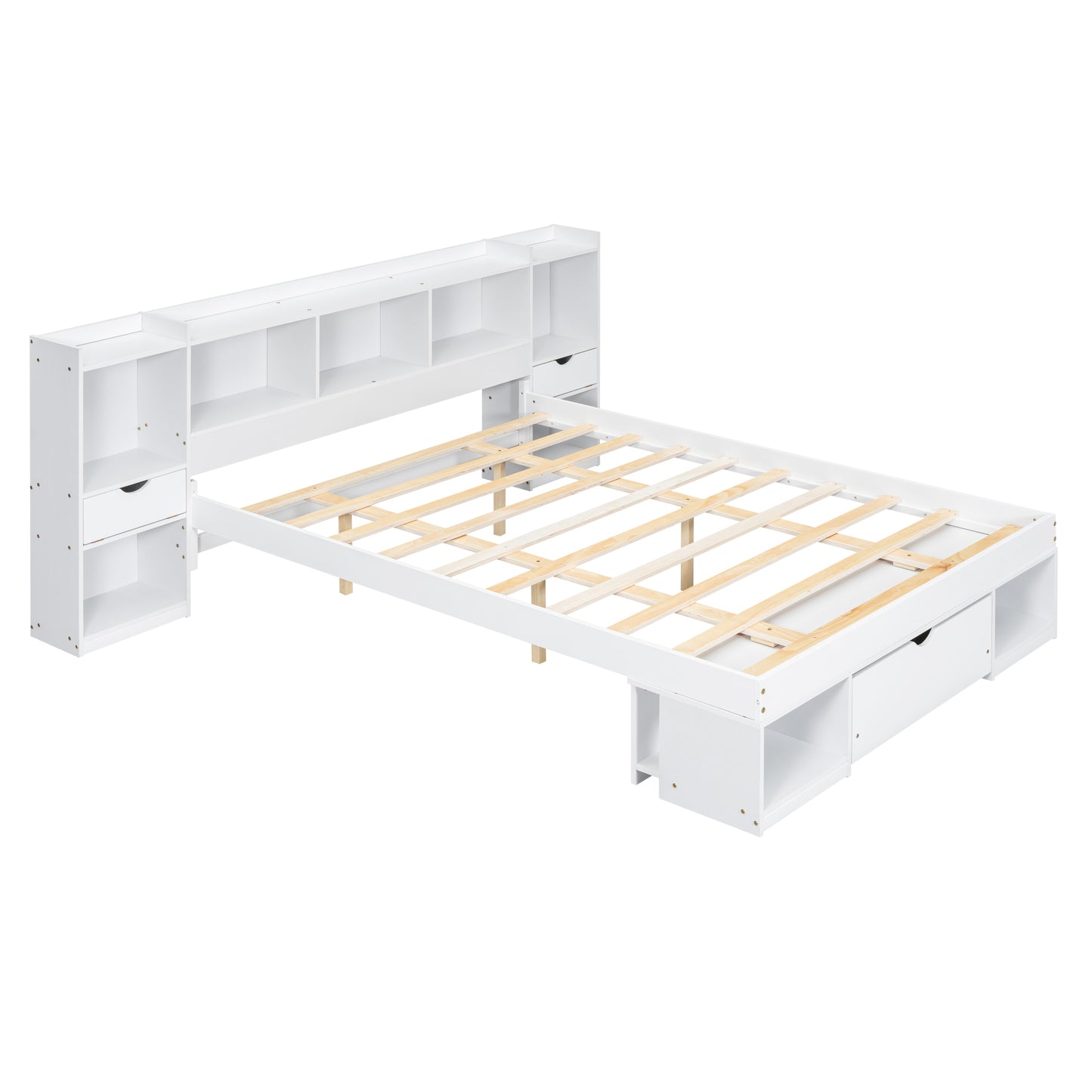 Queen Size Wood Platform Bed with Multi-storage Headboard and a Drawer, White