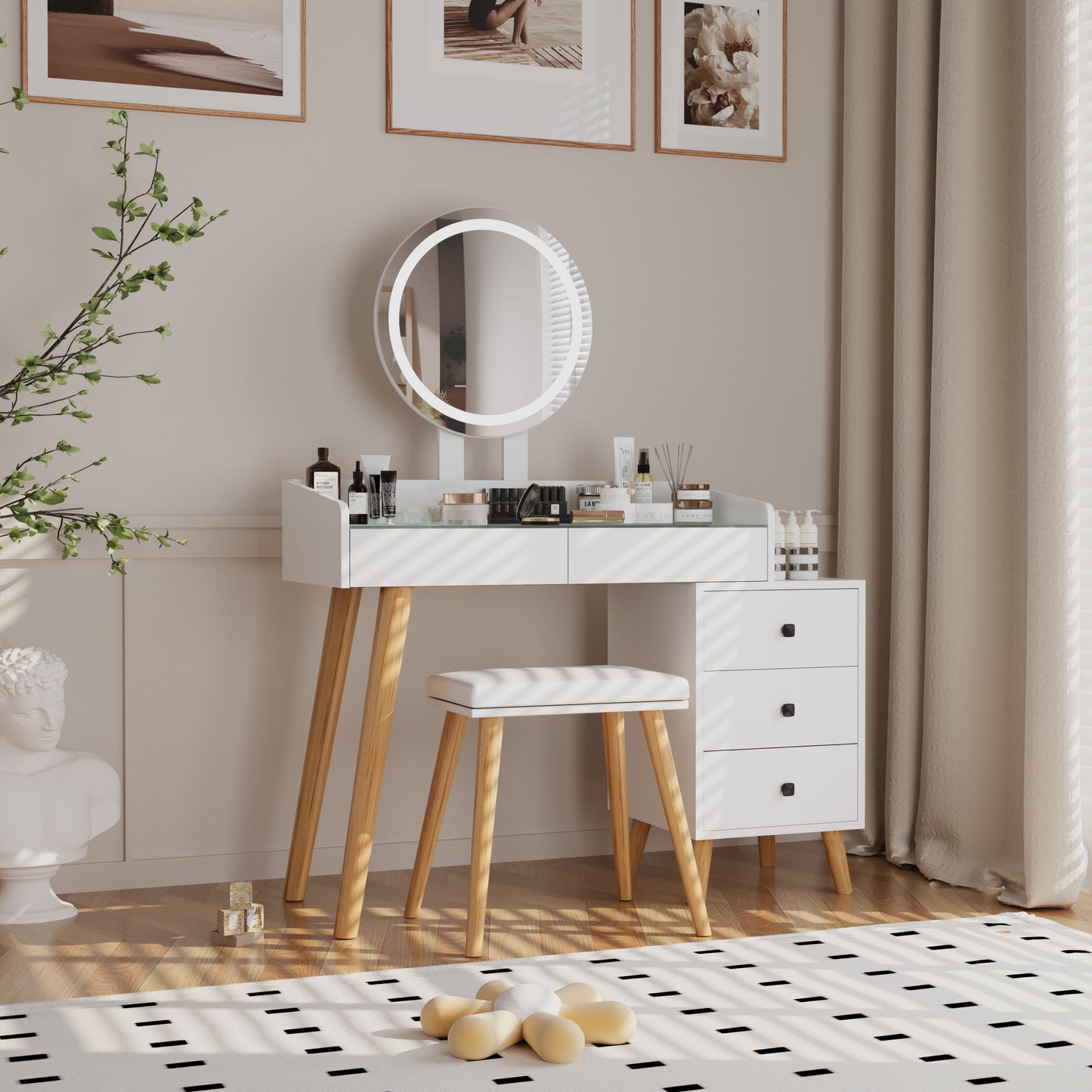 Dressing Table with LED Lights Glass Top Dressing Table with Extendable Side Table 5 Drawers Dressing Table with Mirror and Stool for Bedroom