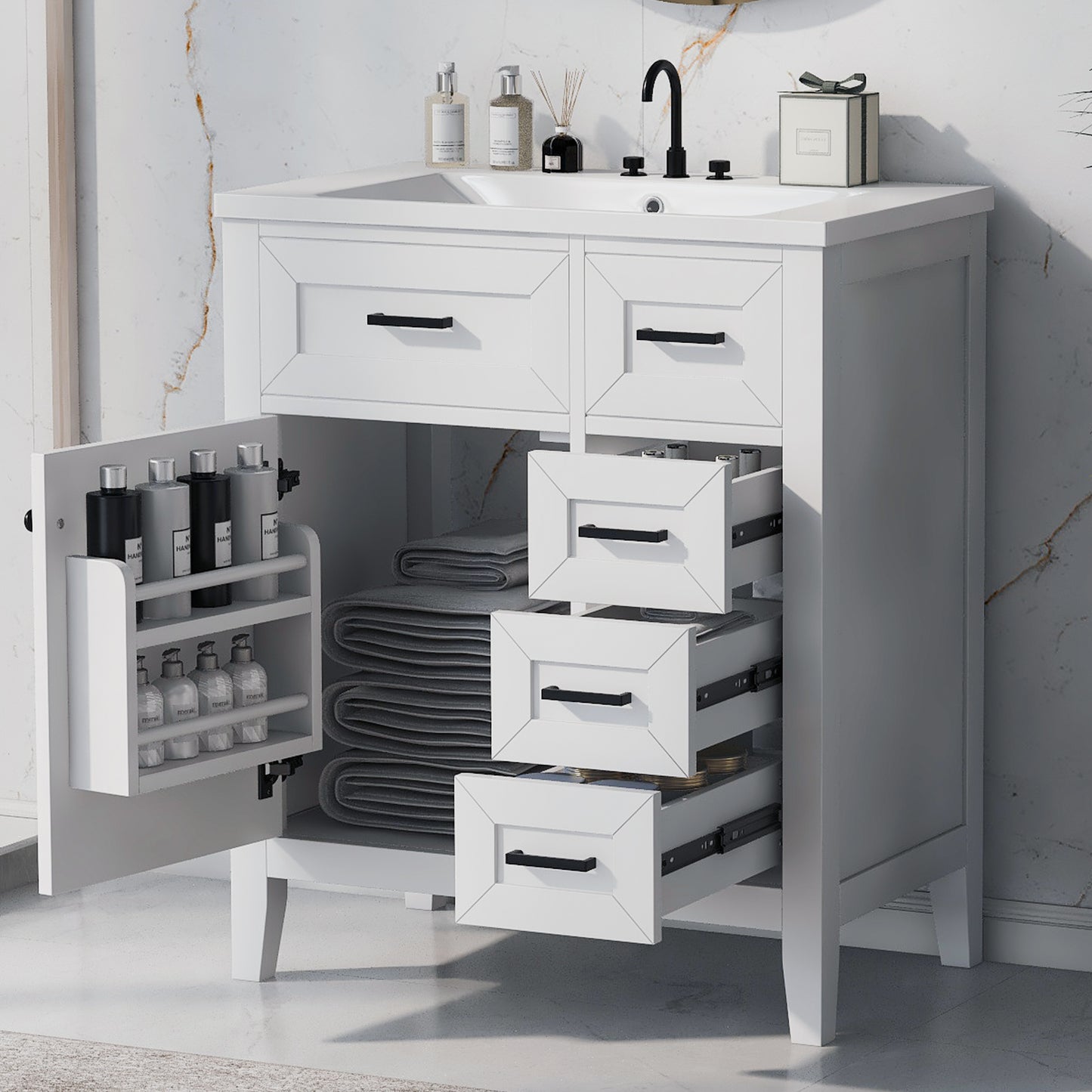 30" Bathroom Vanity with Sink Combo, White Bathroom Cabinet with Drawers, Solid Frame and MDF Board