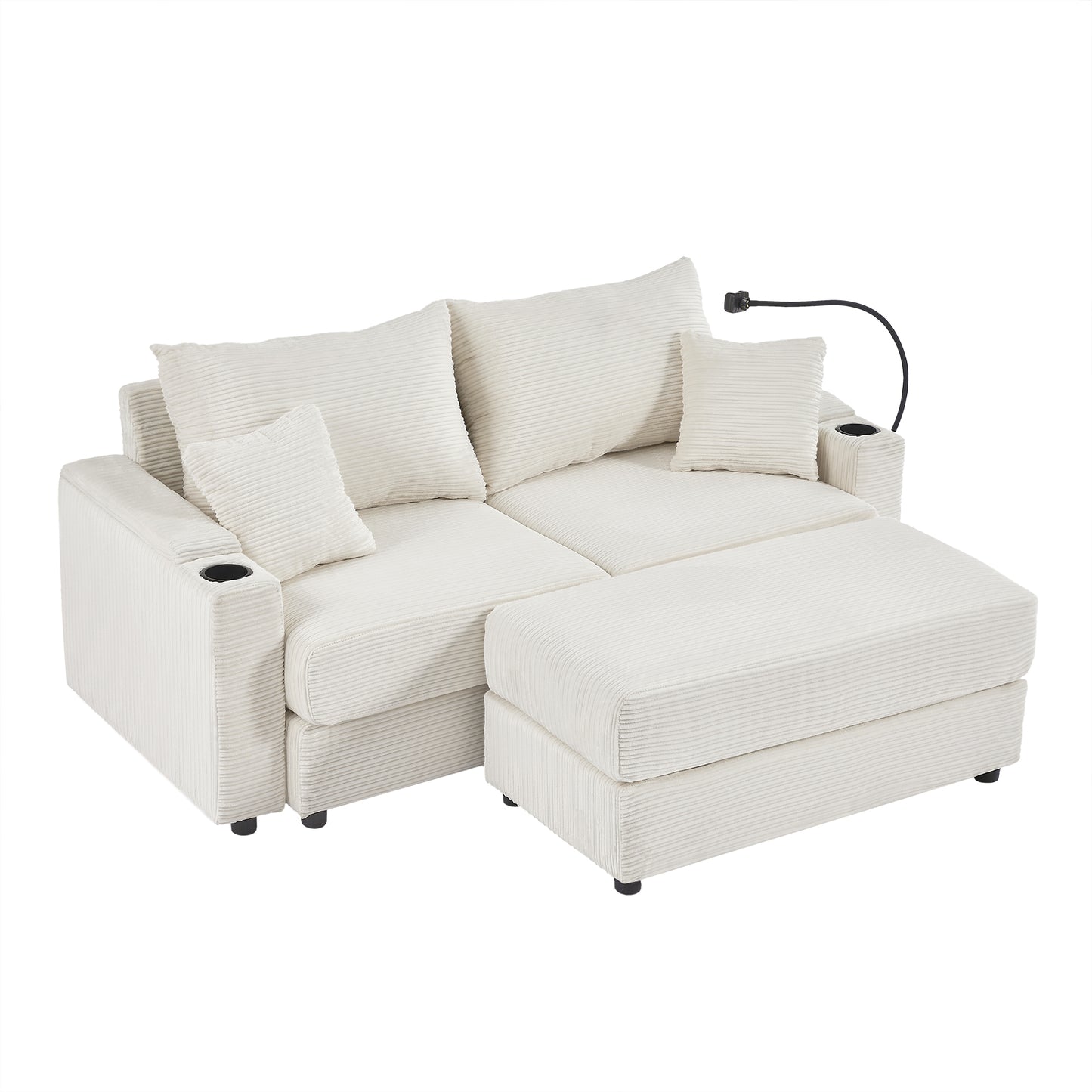 72.8" Modern Style Loveseat Sofa Sectional Sofa Couch with Storage Space, A Movable Ottoman, Two USB Ports, Two Cup Holders, A Phone Holder for Living Room, Beige