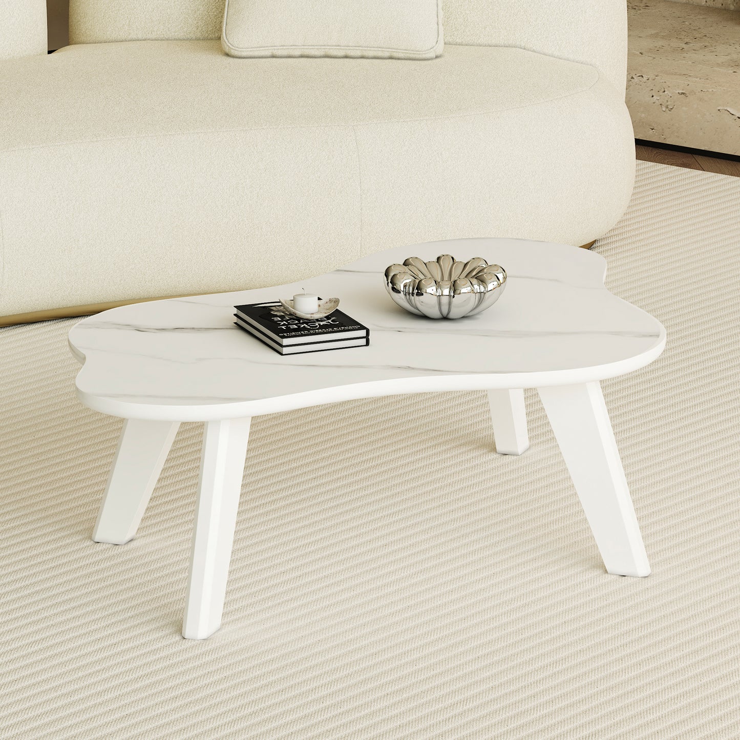 Modern minimalist white imitation marble tabletop coffee table. Solid wood spray painted desk legs, cloud shape to give you a new experience, computer desk. Suitable for dining and living rooms.