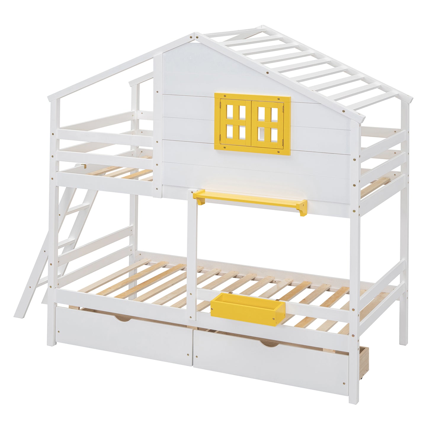 Twin over Twin Bunk Bed with 2 Drawers, 1 Storage Box, 1 Shelf, Window and Roof-White(OLD SKU:LT001608AAK)