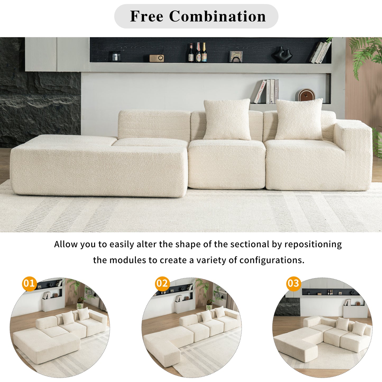 116.5" Sectional Sofa Full-compressed Sofa Couch Free-combined Sofa for Living Room, Beige