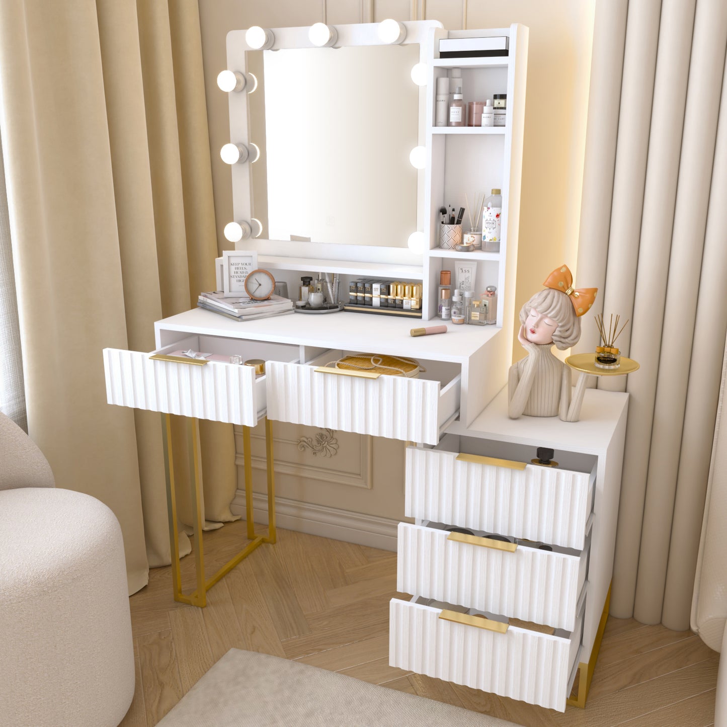 Makeup Vanity Desk with Mirror and Lights, Vanity Table, 5 Drawers, Side Cabinet, Storage Shelves for Bedroom, White