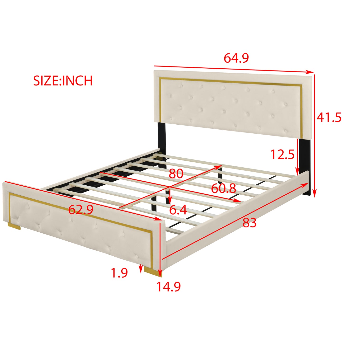 Queen Size Upholstered Platform Bed With Pull Point Headboard And Metal Wire Frame At The Head And Foot Of The Bed, Metal Feet, Velvet, Beige