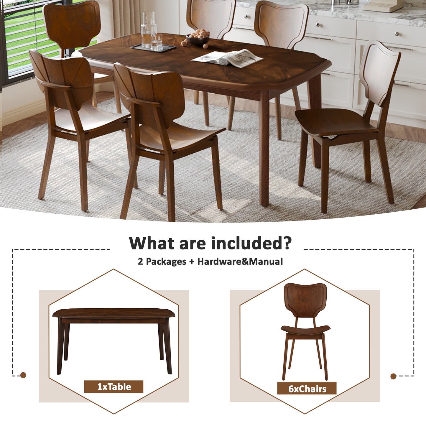 TOPMAX Vintage 7-Piece Dining Table Set with 6 Dining Chairs,Kitchen Table Set for 6 with Curved Back and Seat, Espresso