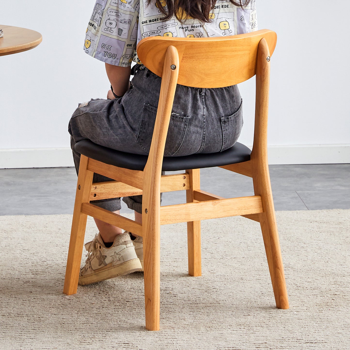 The stylish and durable solid wood dining chair, small curved back, PU cushion, and beautiful shape match perfectly with any room and everyday use