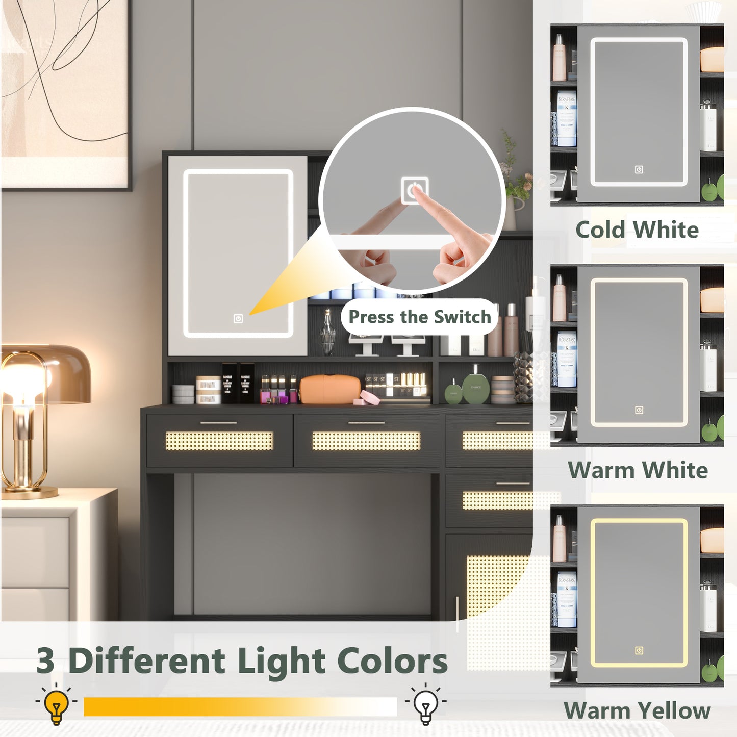 Makeup Vanity with Lights in 3 Colors & Openable Mirror, Vanity Desk with 4 Drawers & 1 Cabinets & Shelves, Vanity Table Rattan Vanity Dresser, for Bedroom