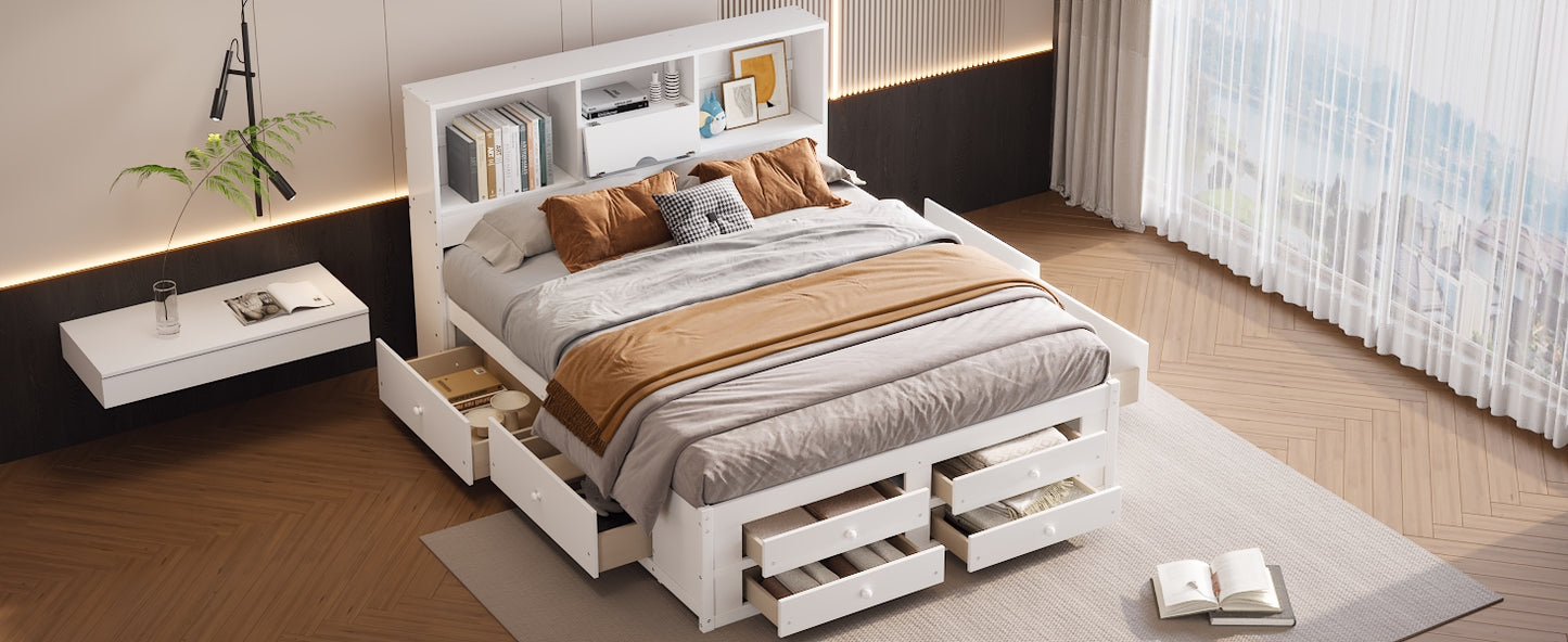 （缺货）King Size Platform Bed with Storage Headboard and 8 Drawers, White