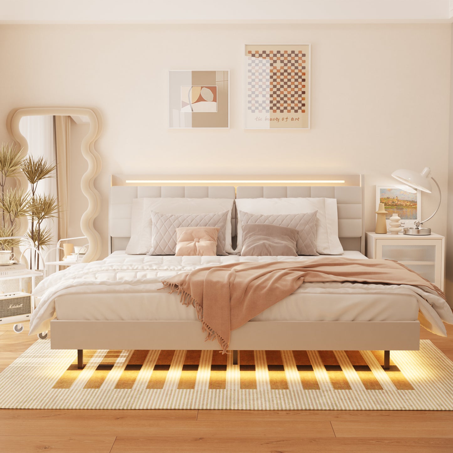 （预计9.18~9.25到货，同款queen size有货）King Floating Bed Frame with LED Light and Charging Station Upholstered Platform Bed Frame King Size with Headboard and Hidden Storage Space, No Box Spring Needed, Beige