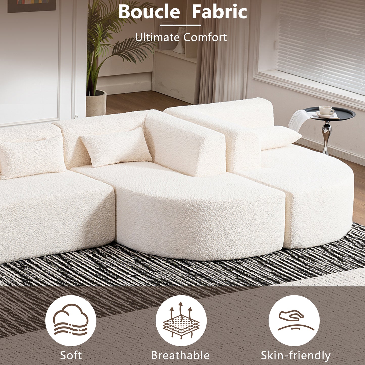 143.7" Upholstered Sofa Free-combined Sofa Couch with Two Chaise Lounge and Five Back Pillows for Living Room, Beige