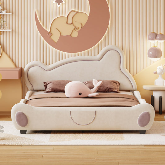 （预估10.2-10.9到货）Queen Size Velvet Platform Bed with Bear-Shaped Headboard, with Bed-End Storage Pocket, Beige