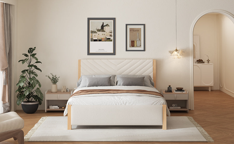 Modern Mid-Century Queen Upholstered Platform Bed Frame with Tufted Headboard and Solid Wood Legs,No Box Spring Needed,Beige