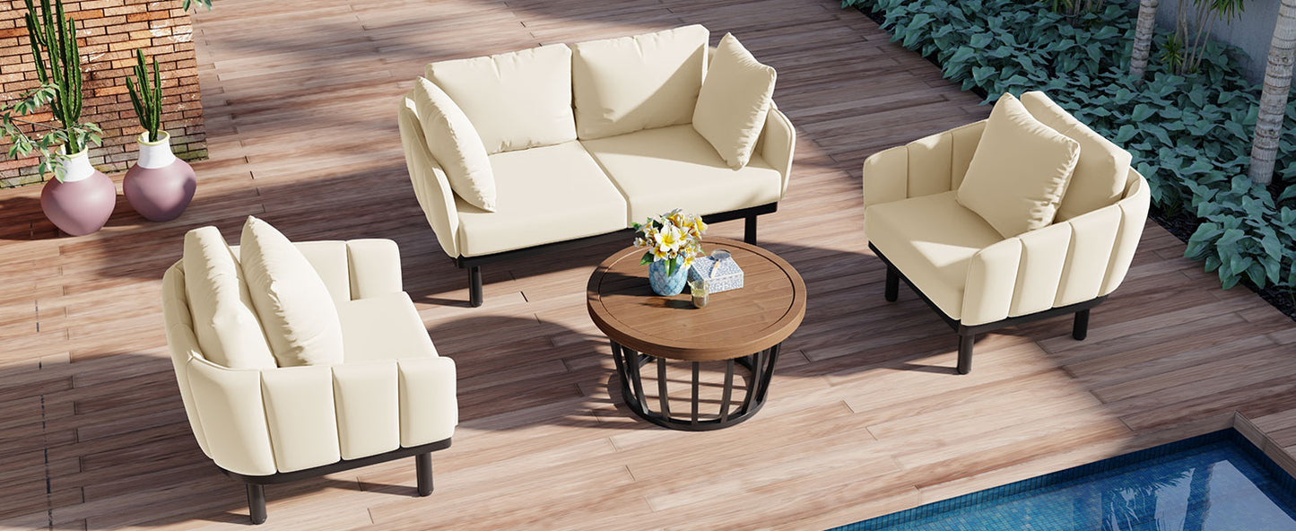 TOPMAX Luxury Modern 4-Piece Outdoor Iron Frame Conversation Set, Patio Chat Set with Acacia Wood Round Coffee Table for Backyard, Deck, Poolside, Indoor Use, Loveseat+Arm Chairs, Beige