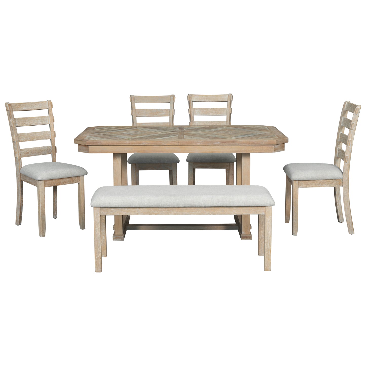 TREXM 6-Piece Rubber Wood Dining Table Set with Beautiful Wood Grain Pattern Tabletop Solid Wood Veneer and Soft Cushion (Natural Wood Wash)