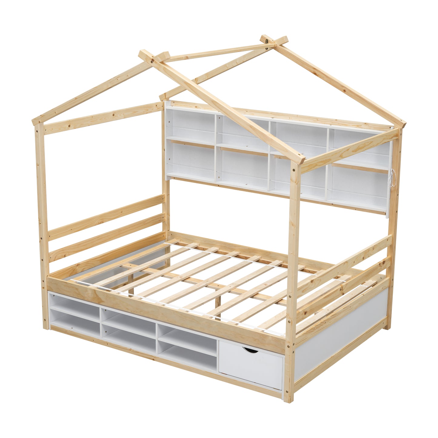 Full House Bed with Roof Frame, Bedside-shelves, Under Bed Storage Unit,Natural