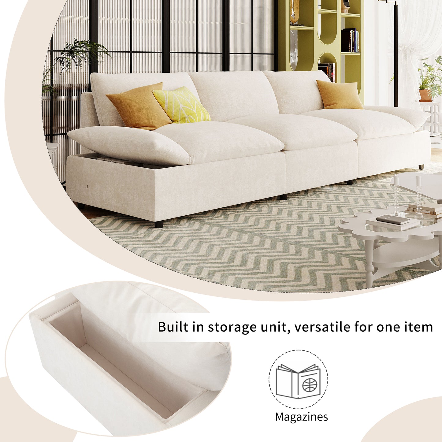 U_STYLE 119.5'' 3 Seater Sofa with 2 Storage Units , for Living Room, Office, Apartment