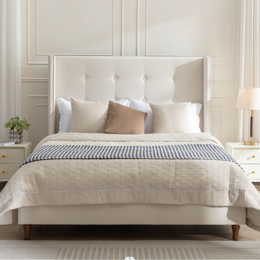 Peyton Upholstered King Bed / 54" High Headboard / Traditional Hand Buttoned Tufting / Nailhead Trim Wingback / No Box Spring Needed / Easy Assembly / Ivory Velvet