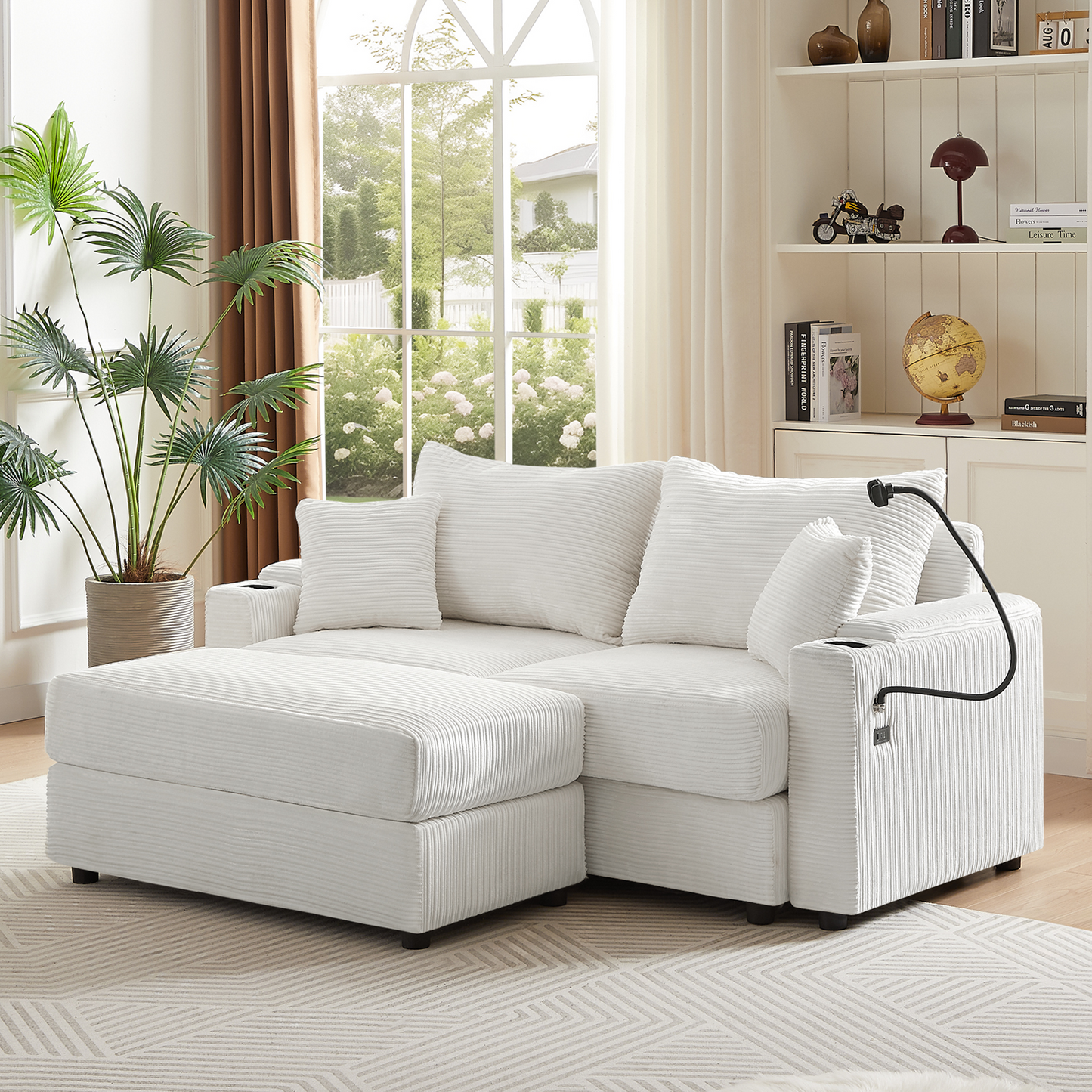 72.8" Modern Style Loveseat Sofa Sectional Sofa Couch with Storage Space, A Movable Ottoman, Two USB Ports, Two Cup Holders, A Phone Holder for Living Room, Beige