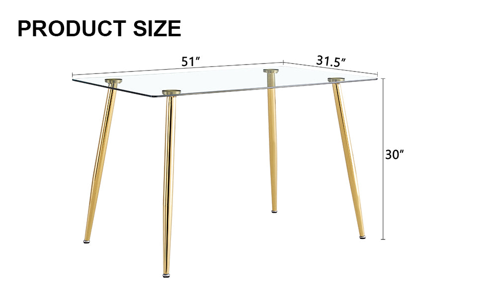 （预计2024-12-26 ~ 2025-01-02到货）Modern Minimalist Rectangular Glass Dining Table for 4-6 with 0.31" Tempered Glass Tabletop and Golden plating Metal Legs, Writing Table Desk, for Kitchen Dining Living Room, 51" *31"*30".F-1544