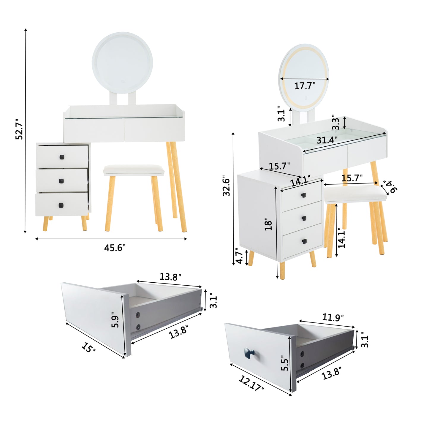 Dressing Table with LED Lights Glass Top Dressing Table with Extendable Side Table 5 Drawers Dressing Table with Mirror and Stool for Bedroom