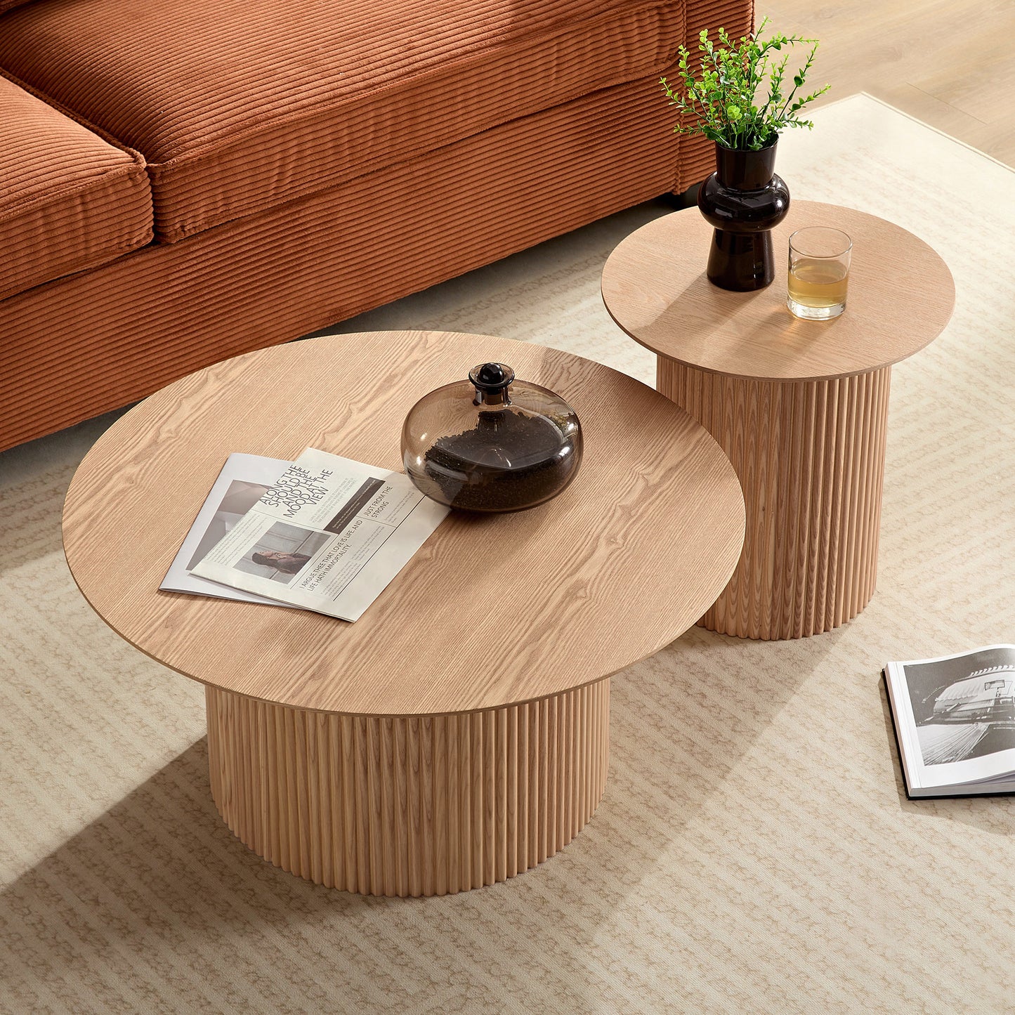 17.71 inch Round Fluted Side Table Circle Small Accent Table for Living Room Mid Century Circle Bedside Table for Bedroom Oak