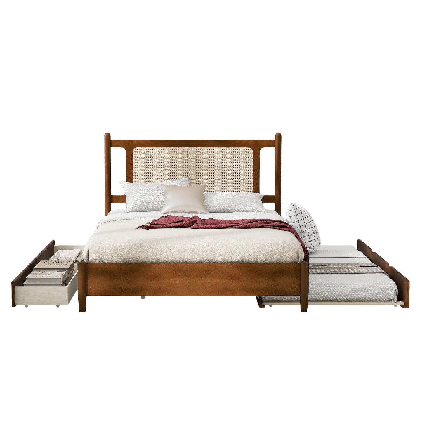 Queen Size Wooden Rattan Platform Bed, with 2 Big Drawers, T Size Trundle, Brown