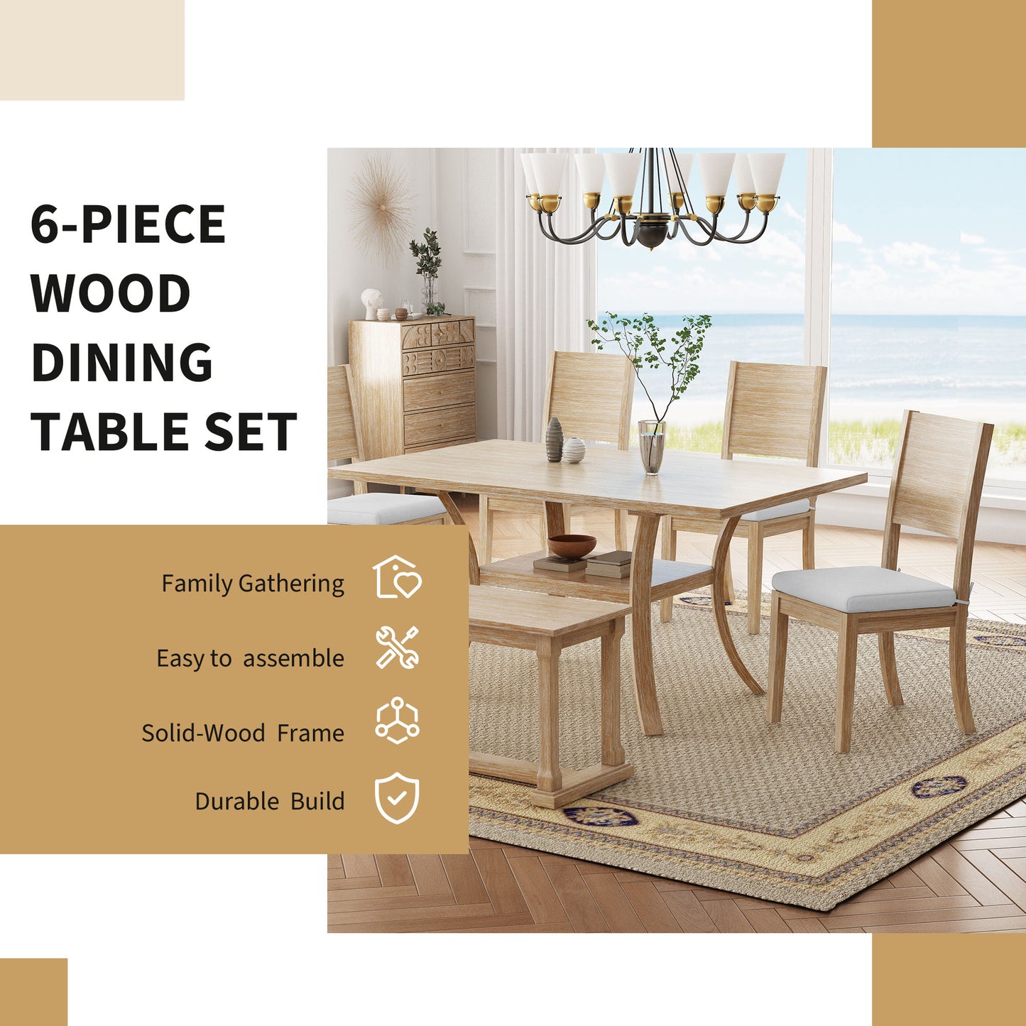 TOPMAX 6-Piece Wood Dining Table Set with Storage Shelf and Curved Legs, Kitchen Table Set with Bench and 4 Removable Cushions Dining Chairs, Modern Style, Natural+Beige Cushion