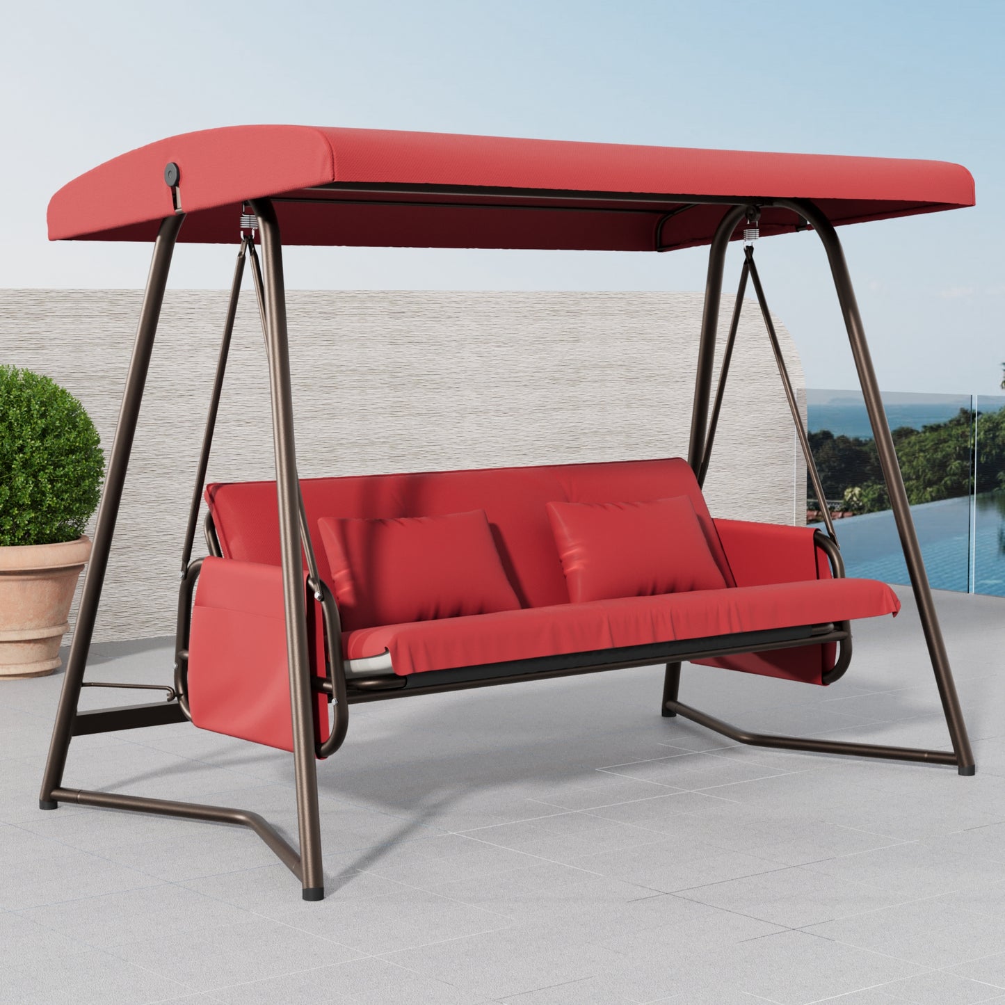 Outdoor Patio 3 seaters Metal Swing Chair Swing bed with Cushion and Adjustable Canopy Red Color