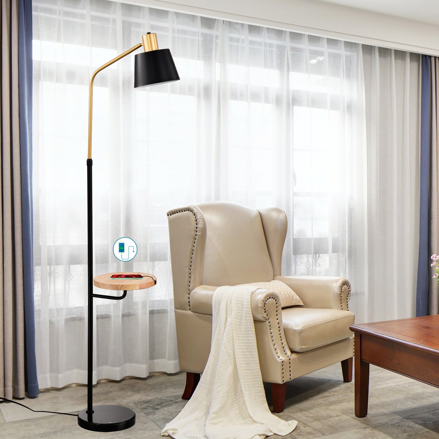 Real Marble Floor Lamp with Wood Bedside Nightstand End Table and Built-in USB Charging Port for Living Room Sofas Bedroom,Matte Gold +Matte Black