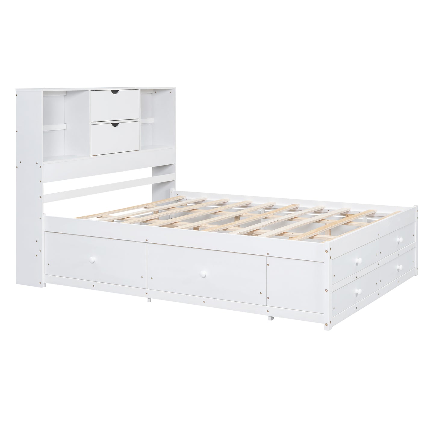 （缺货）King Size Platform Bed with Storage Headboard and 8 Drawers, White