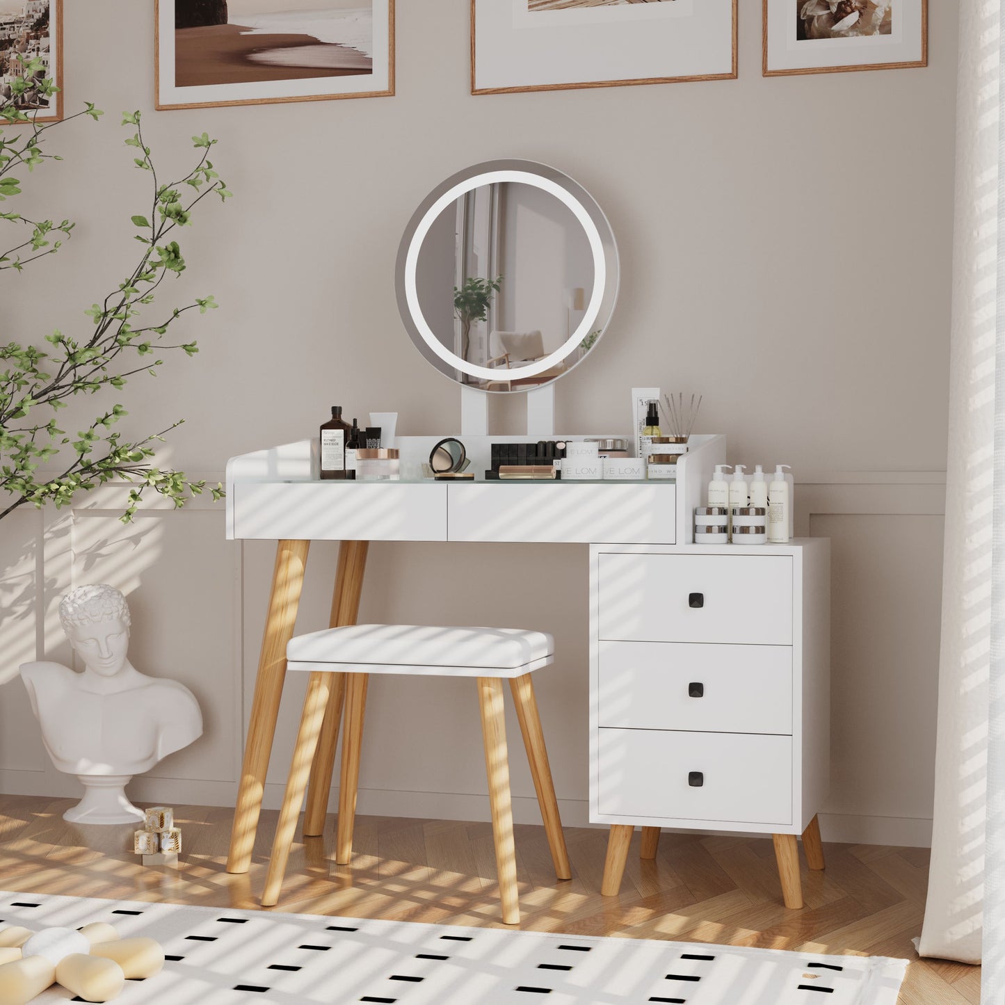 Dressing Table with LED Lights Glass Top Dressing Table with Extendable Side Table 5 Drawers Dressing Table with Mirror and Stool for Bedroom