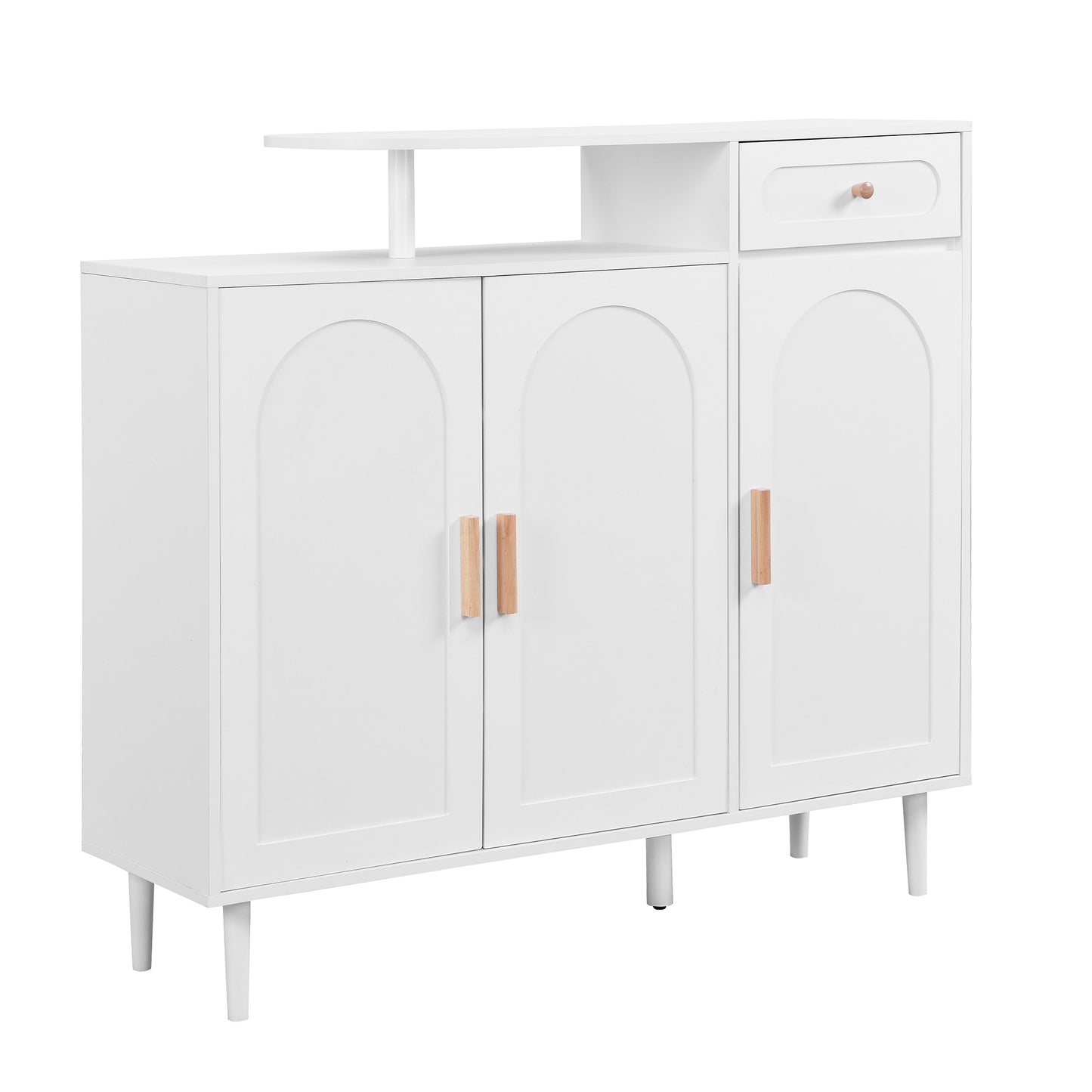 ON-TREND Elegant Shoe Cabinet with Arched Doors and Drawer, Cream Style Storage Sideboard with Adjustable Shelves and Solid Wood Legs for Entryway, Living Room, White