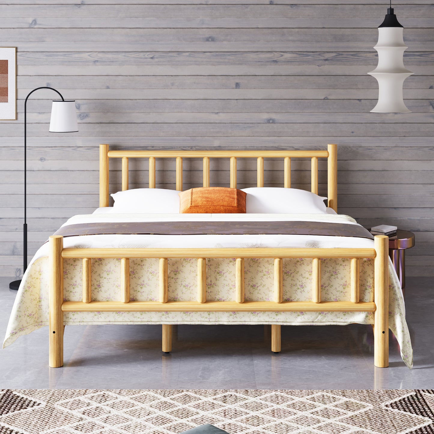 Farmhouse Log Bed Frame King Rustic Style Pure Solid Pine Cylinder Construction Bed Fits Mattresses and Box Springs, Natural Finish