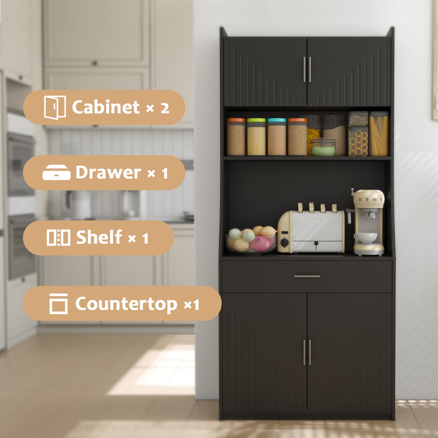 71" Kitchen Storage Cabinet with Charging Station,with 2 Outlets & 1USB 1Type-C Ports,Pantry with 2 Cabinet ,1 large storage drawer& 1 Large Countertop